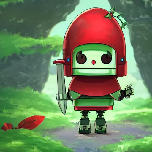 Image similar to cute little robot with tomato hat with a leaf, and sword with chive shape, made in abyss style, standing on a forest