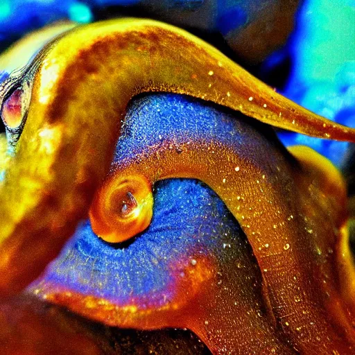 Image similar to fiery whimsical emotional eyes cephalopod, in a photorealistic macro photograph with shallow dof, in the deepest seas of the unconscious psyche