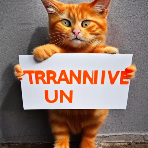 Image similar to a cute fluffly orange tabby cat holding a sign that says