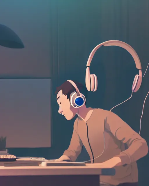 Image similar to man with headphones at his home studio producing music late at night, very detailed, 4 k, cory loftis, james gilleard, atey ghailan, makoto shinkai, goro fujita, studio ghibli, rim light, exquisite lighting, clear focus, very coherent