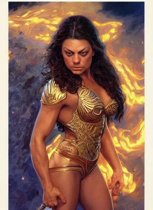 Image similar to portrait of a very muscled Mila Kunis as a heroine staring into the camera, torches and fireflies, artstation, intricate, elegant, highly detailed, art by Donato Giancola, Joseph Christian Leyendecker, WLOP, Boris Vallejo, Artgerm