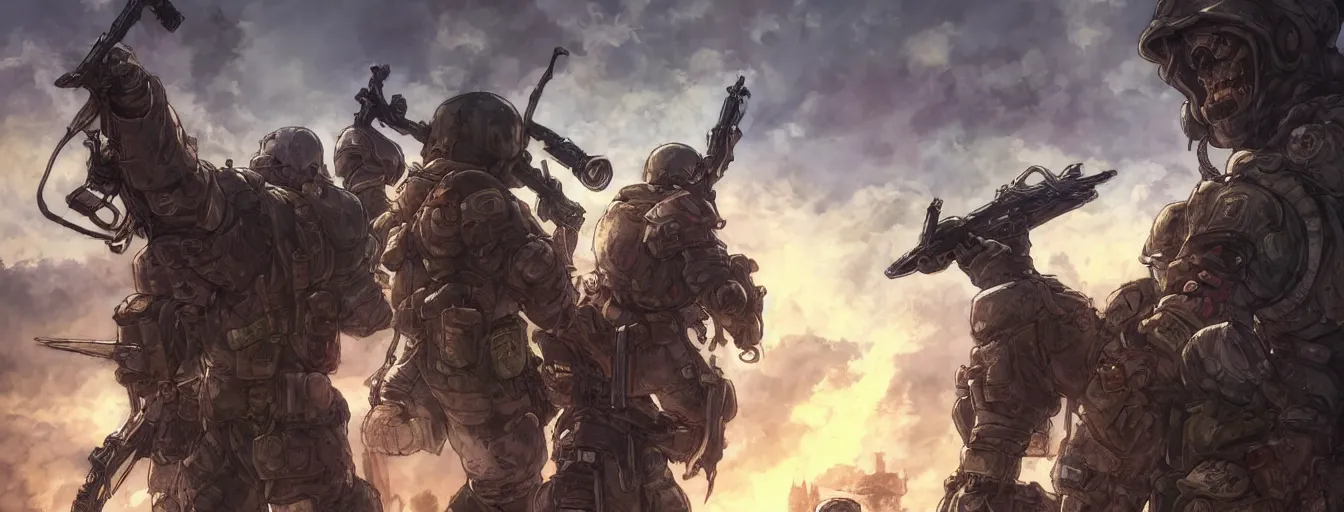 Image similar to calvary soldier doom and gloom, faced with the reality of your death. hyperrealistic anime background illustration by kim jung gi, colorful, extremely detailed faces, intricate linework, smooth, super sharp focus, bright colors, high contrast, matte, octopath traveler, studio ghibli, unreal engine 5 highly rendered, global illumination, radiant light