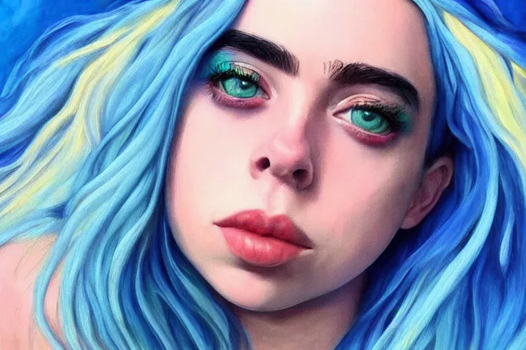 Image similar to billie eilish, fantasy, painting, ultra realistic!!!, clear weather, golden hour, sharp focus