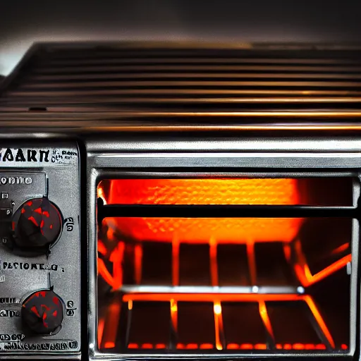 Image similar to toaster oven hangig by metallic cables, symmetry, dark messy smoke - filled cluttered workshop, dark, dramatic lighting, orange tint, sparks, cinematic, highly detailed, sci - fi, futuristic, movie still