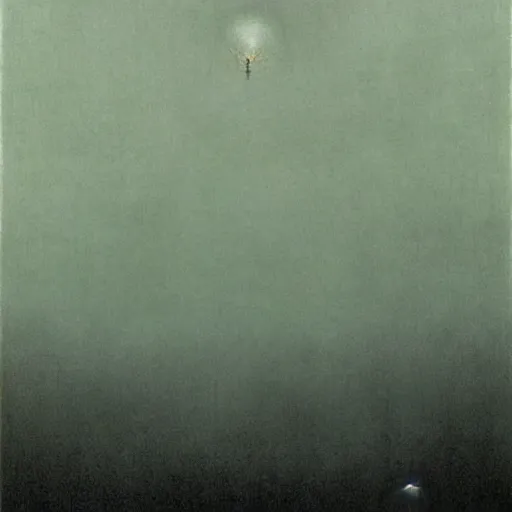 Prompt: thick fog, polygon levitating in air, zdzislaw beksinski