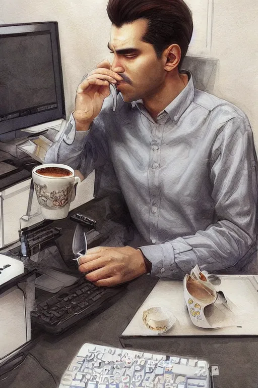 Image similar to a clean - shaven persian man drinking coffee from a paper cup at his work cubicle in front of a computer, by artgerm and yoshitaka amano, trending on artstation