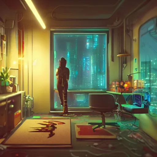 Image similar to the cyberpunk apartment, render, octane, 4k, highly detailed, vivid colors, high definition, by James Gilleard