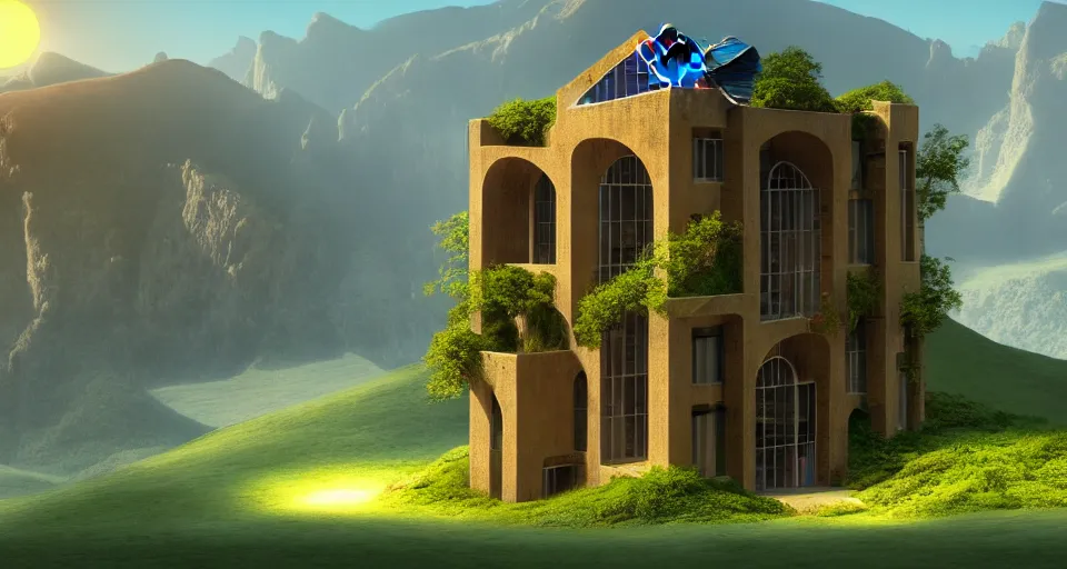 Image similar to a building in a stunning landscape, solarpunk