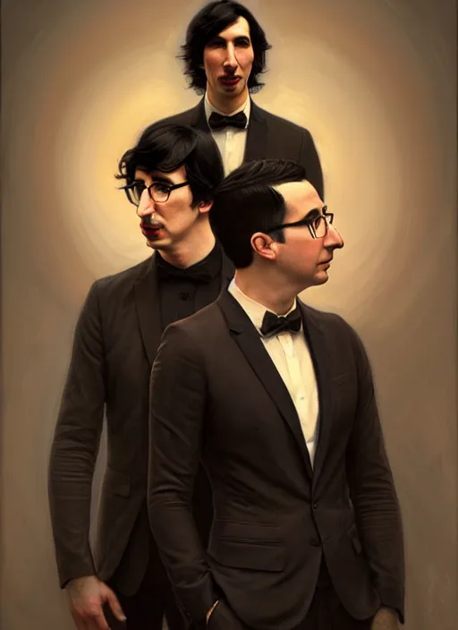 Image similar to painting of both john oliver and adam driver together, john oliver in front, full body, elegant, beautiful, highly detailed, centered, dark, smokey, digital painting, concept art, smooth, sharp focus, illustration, deviant art, art by artgerm, art by greg rutkowski, art by alphonse mucha