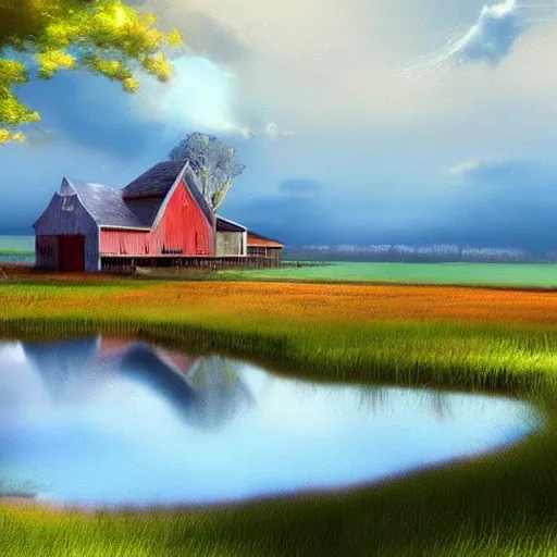 Image similar to farmhouse beside a lagoon, digital art, artstation, Darrel k sweet