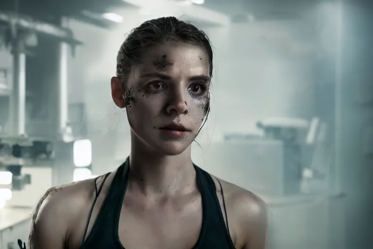 Image similar to promotional image from a dystopian sci - fi movie, a young woman wearing a dirty tank top, in a dark dystopian lab, muted colors, very dark, medical equipment, 8 k, cinematic, dramatic lighting, very detailed face, movie still frame, promotional image, imax 7 0 mm footage