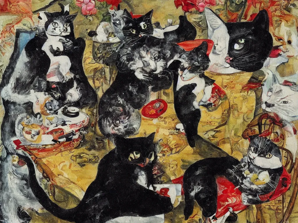 Image similar to cat breaking the china. Painting by Otto Dix