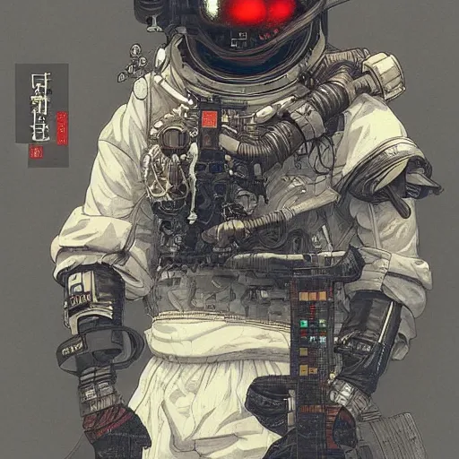 Image similar to a beautiful ukiyo painting of cyberpunk soldier in helmet, wearing space techwear, detailed symmetrical close up portrait, intricate complexity, by takato yamamoto, wlop, krenz cushart. cinematic dramatic atmosphere, sharp focus