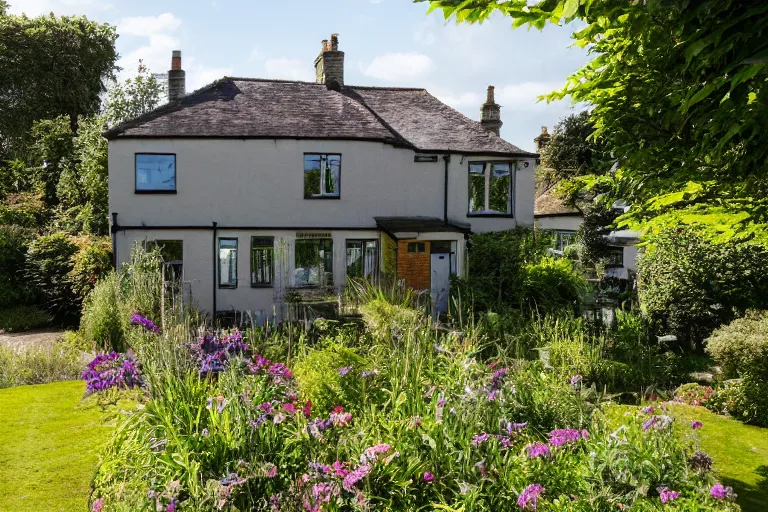 Image similar to cyberpunk, an estate agent listing photo, external view of a 5 bedroom detached countryside house in the UK, summer, sunny day, by Takashi Murakami