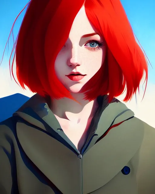 Image similar to a detailed portrait of a cute!!!! woman with red hair and freckles by ilya kuvshinov, digital art, dramatic lighting, dramatic angle