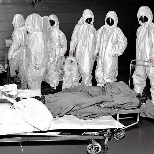 Image similar to alien on a gurney in hanger with people in hazmat suits standing around, grainy, vintage photo, sepia, old photo, realistic, detailed,
