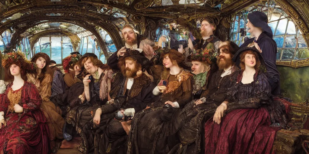 Prompt: detailed colour preraphaelite photograph group portrait of amazingly cool characterful people sat down extreme closeup, in the inside of the beautiful underwater train to atlantis, realistic and lifelike expressions, crowds of people sat down wearing unusual clothes, by william powell frith, 4 k