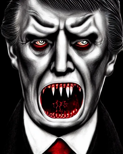 Image similar to dracula donald trump, character portrait, close up, concept art, intricate details, highly detailed, hyperrealism in the style of otto dix and h. r giger