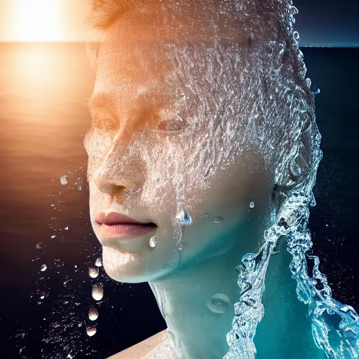 Prompt: water artwork manipulation in the shape of a human head, on the ocean water, ray tracing, realistic water sharp focus, long shot, 8 k resolution, cinematic, abstract water art