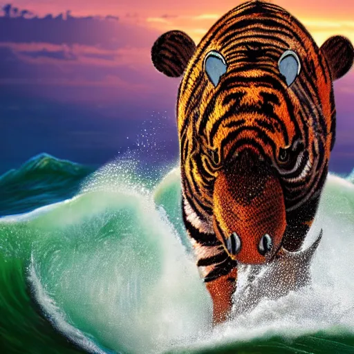 Image similar to a closeup photorealistic photograph of a large knitted tiger hippopotamus riding a large wave during sunset. surf in the background. professional capture. brightly lit scene. this 4 k hd image is trending on artstation, featured on behance, well - rendered, extra crisp, features intricate detail, epic composition and the style of unreal engine.