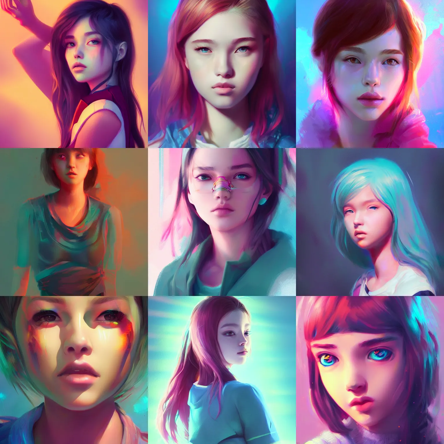 Prompt: portrait of teen girl, art by Ross tran, vivid color palette, digital painting, 3D, octane render, post process in Photoshop