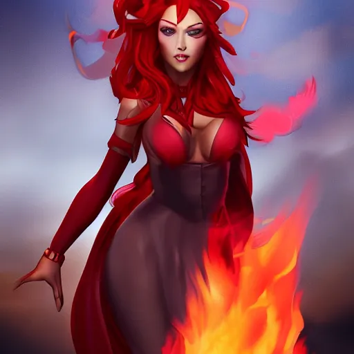 Prompt: a goddess with red hair and red dress with a fire aura headshot, trending on artstation
