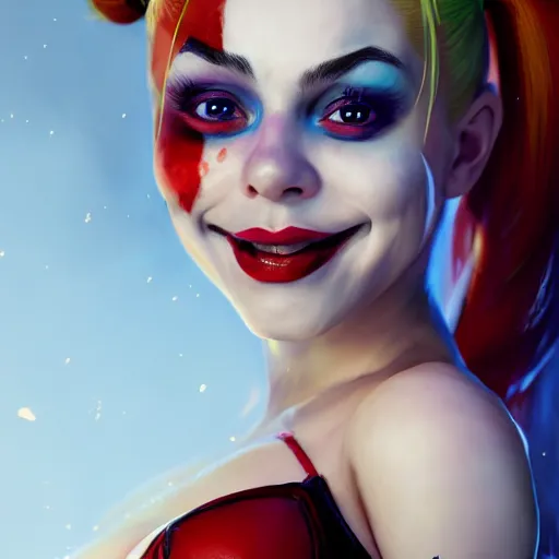Image similar to a portrait of stunningly beautiful harley quinn, huggy wuggy from poppy playtime video game, fullbody, ultra high detailed, oil painting, greg rutkowski, charlie bowater, yuumei, yanjun cheng, unreal 5, daz, hyperrealistic, octane render, rpg portrait, dynamic lighting, fantasy art, beautiful face