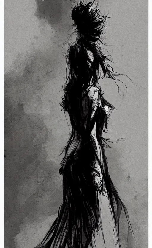 Image similar to a woman sitting in a long gown, her back is to us completely, pinterest hair picture, back of the hair, long In style of Yoji Shinkawa and Hyung-tae Kim, concept art, highly detailed