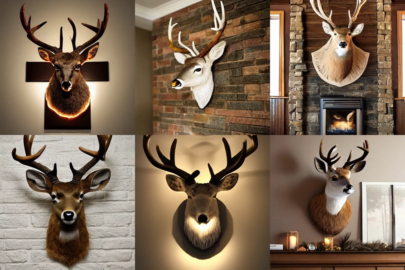 Prompt: taxidermy, deer head mounted over fireplace, highly detailed, warm lighting, photorealistic