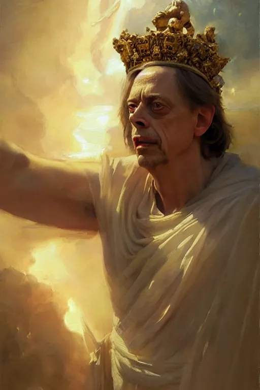 Image similar to beautiful expressive oil painting portrait of ancient roman god emperor steve buscemi ascending wearing the civic crown levitating in religious pose, art by anders zorn, wonderful masterpiece by greg rutkowski, beautiful cinematic light, american romanticism by greg manchess, jessica rossier