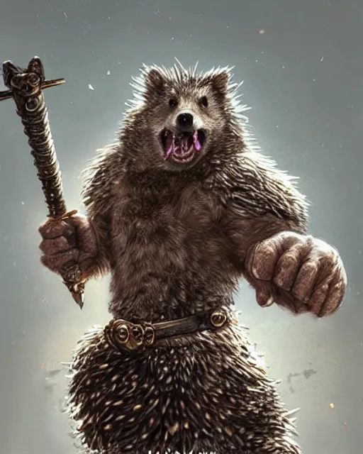 Image similar to anthropomorphic rugged hedgehog!!! with furry!! oversized barbarian muscular armored upper body, action battle pose,long hair, 👅 👅 , D&D, fantasy, intricate, elegant, highly detailed, digital painting, artstation, concept art, smooth, sharp focus, illustration, art by artgerm and beeple and greg rutkowski and alphonse mucha