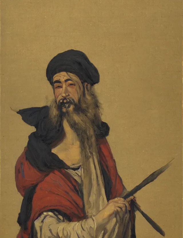 Prompt: orientalist painting of disheveled sunken - eyed sorcerer painter