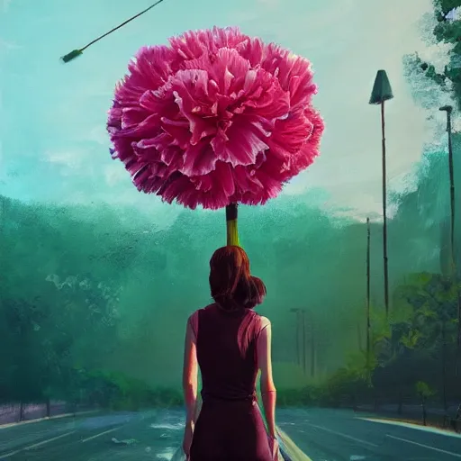 Image similar to giant carnation flower head, woman walking between luxury apartments, surreal photography, sunlight, impressionist painting, digital painting, artstation, simon stalenhag