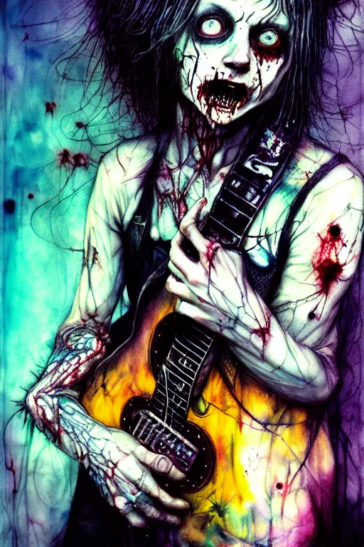 Image similar to zombie punk rocker playing guitar by agnes cecile, brian froud, intricated details, 3 / 4 view, full body portrait, extremely luminous bright design, horror, pastel colours, toxic drips, autumn lights