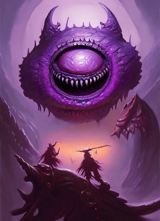 Image similar to purple one - eyed beholder dnd, fantasy oil _ painting _ unreal _ 5 _ daz. _ rpg _ extremely _ detailed _ artgerm _ greg rutkowski