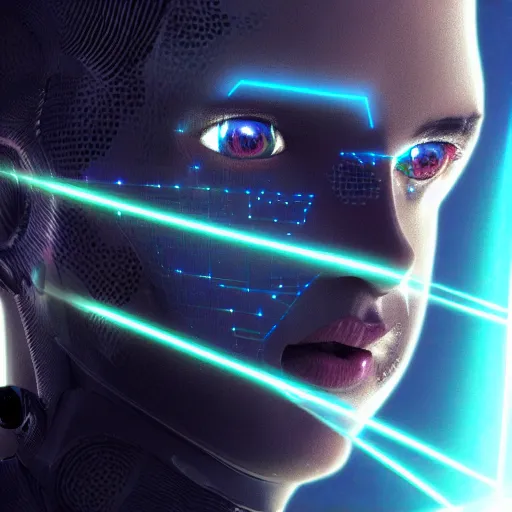 Image similar to cool futuristic ai profile picture lasers robots blade runner technology hologram