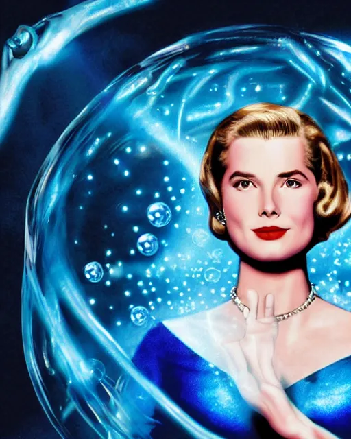 Image similar to drew struzan style movie color poster of grace kelly dressed as sue storm, the invisible woman from the fantastic four, with her hands held up, she is generating an iridescent bubble of particles around her body in the form of a shimmering bubble force field, soft focus, bokeh, 5 0 mm