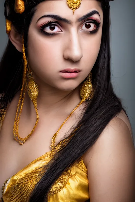 Image similar to close up headshot of young greek italian woman as ramayana, cosplay, studio lighting