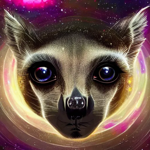 Image similar to Geometric symmetrical lemur with galaxy eyes in space, nebula in the background, intricate, elegant, highly detailed, digital painting, artstation, concept art, smooth, sharp focus, illustration, art by artgerm