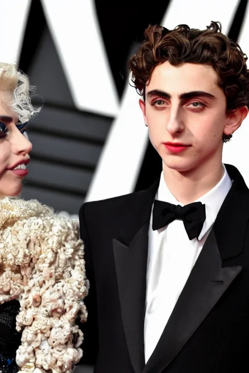 Image similar to timothee chalamet and lady gaga holding hands on the red carpet, beautiful detailed faces, high resolution, 4 k 8 k