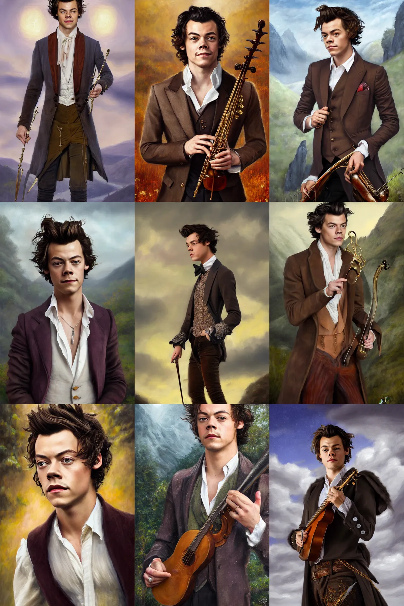 Prompt: a full body high detail fantasy portrait oil painting illustration of harry styles as an elegant male bard by justin sweet with face and body clearly visible, in a scenic background, pupils visible, realistic proportions, d & d, rpg, forgotten realms, artstation trending, high quality, sombre mood, artstation trending, muted colours, entire person visible!