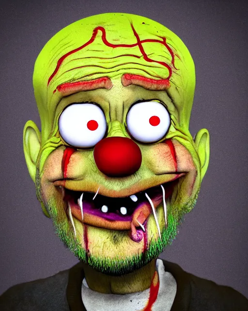 Image similar to portrait of an ugly old possessed crying clown in the style of justin roiland. ugly, creepy, demonic, horror. cinematic lighting. photographic, photography. by justin roiland