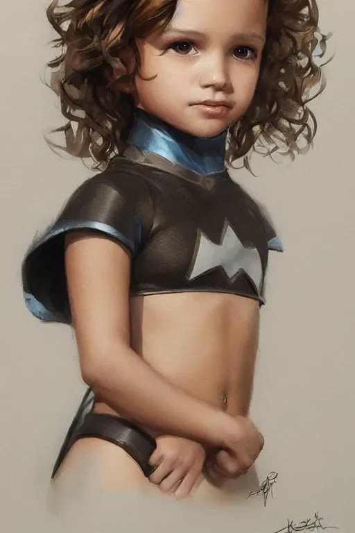 Image similar to a little girl with a michievous face and light brown curly hair. she is dressed as a superhero. clean elegant painting, beautiful detailed face. by artgerm and greg rutkowski