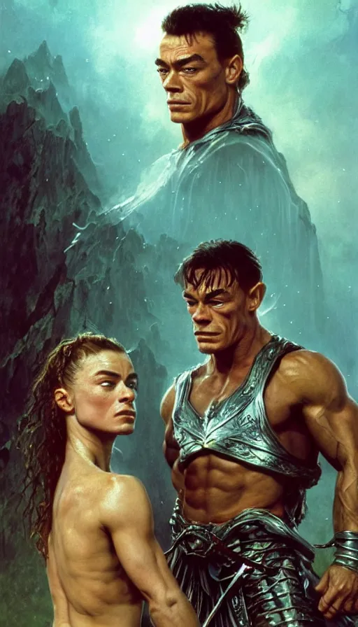 Image similar to young jean claude van damme and a young peasent woman, lord of the rings, conan, amazing beauty, visor, neon tattoo, styled hair, decorated ornaments by carl spitzweg, ismail inceoglu, vdragan bibin, hans thoma, greg rutkowski, alexandros pyromallis, perfect face, fine details, realistic shaded