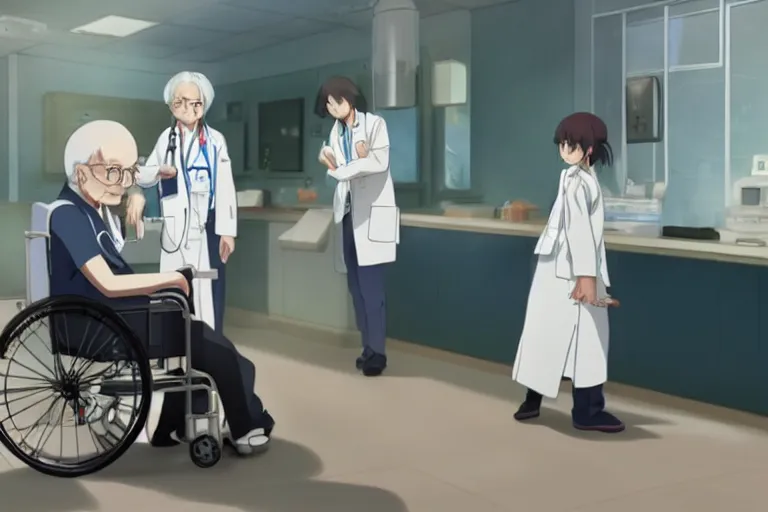 Prompt: a cute young female doctor wearing white coat are serving an old man in a wheelchair in a hospital ward, slice of life anime, cinematic, realistic, anime scenery by Makoto shinkai