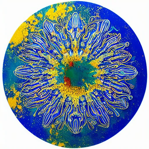 Prompt: beautiful intricately detailed soft objects that make me feel happy made of liquid mercury and exploding liquid nitrogen, in a vibrant fine detailed modern fine art style by Marc Quinn and Damien Hirst with bright huge fireball explosions of colourful blue and gold flame and holi powder