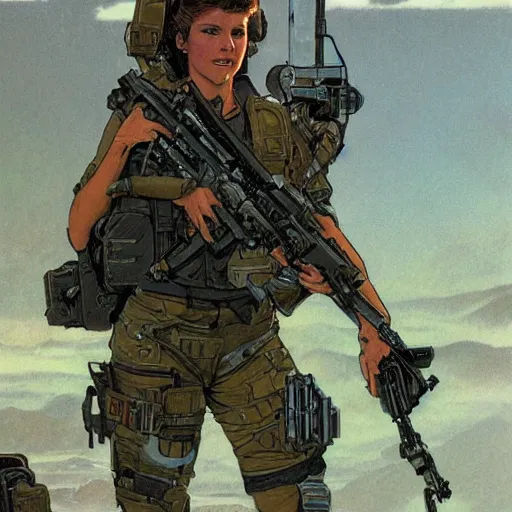 Prompt: Maria. USN special forces recon operator in near future gear, cybernetic enhancement, on patrol in the Australian neutral zone, Barren landscape. 2087. Concept art by James Gurney and Alphonso Mucha