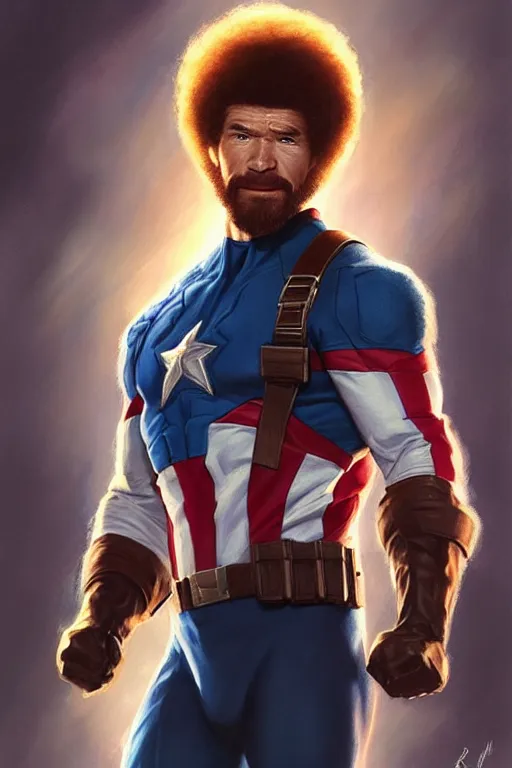 Image similar to bob ross as captain america, portrait, highly detailed, digital painting, artstation, concept art, smooth, sharp focus, illustration, cinematic lighting, art by artgerm and greg rutkowski and alphonse mucha