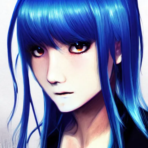 Image similar to full face shot of rimuru tempest, sky blue straight hair, long bangs, with amber eyes, wearing a black jacket, high collar, ultra detailed, concept art, award winning photography, digital painting, cinematic, wlop artstation, closeup, pixiv, evil, yoshitaka amano, andy warhol, ilya kuvshinov,