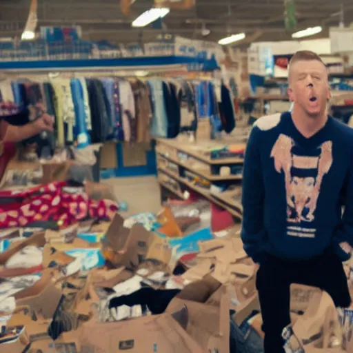 Prompt: Macklemore yelling at Goodwill, head in hands